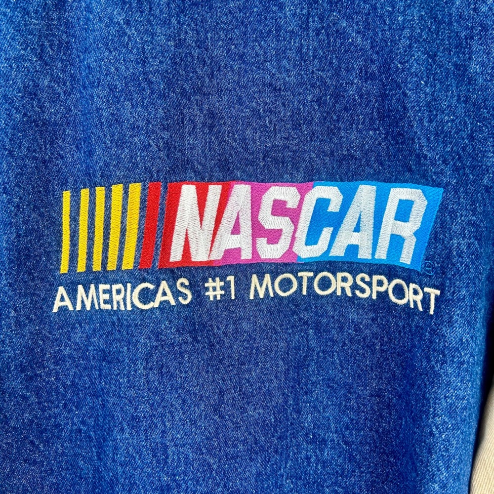 Vintage 90s NASCAR Three Rivers Denim Varsity Jacket Men Large Blue Tan USA Made - Picture 12 of 13